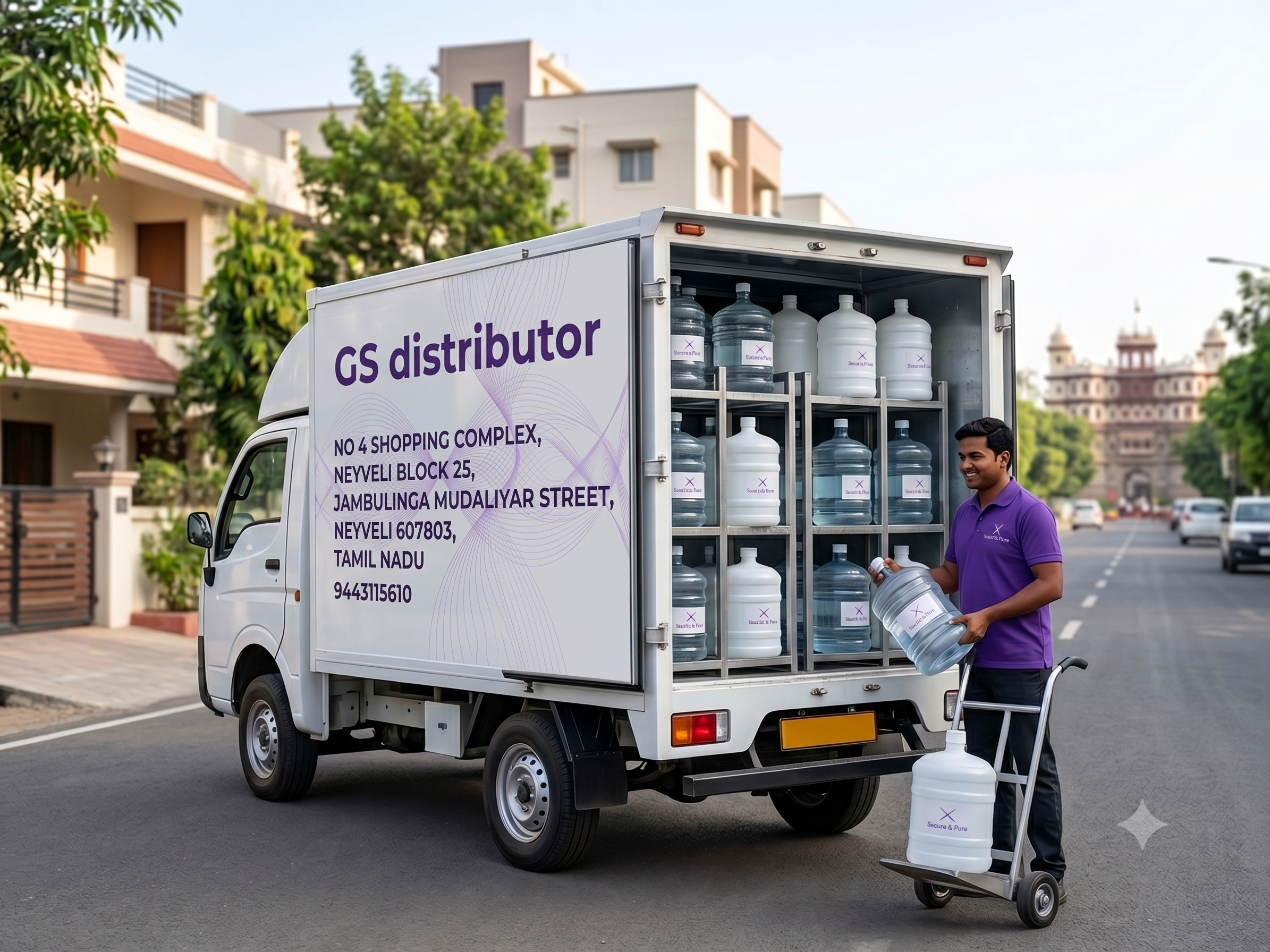 GS Distributor delivery truck and team unloading water jars